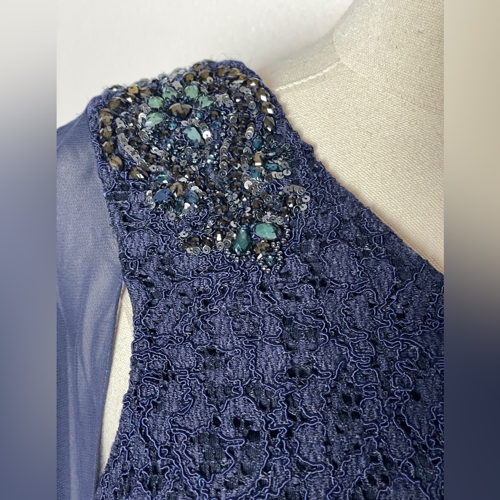 Adrianna Papell Navy Cape-Sleeved Evening Lace Gown One Shoulder Dress Size 6 - Picture 5 of 13